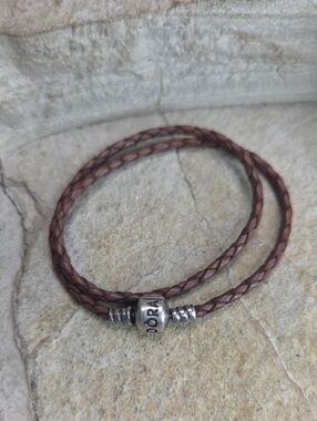 Pandora Brown Braided Leather Wrap Bracelet with 925 Sterling Silver Bead Clasp